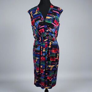 Ellen Tracy Multi Color Abstract Print Faux Wrap Sheath Dress Gold Accent Size 6